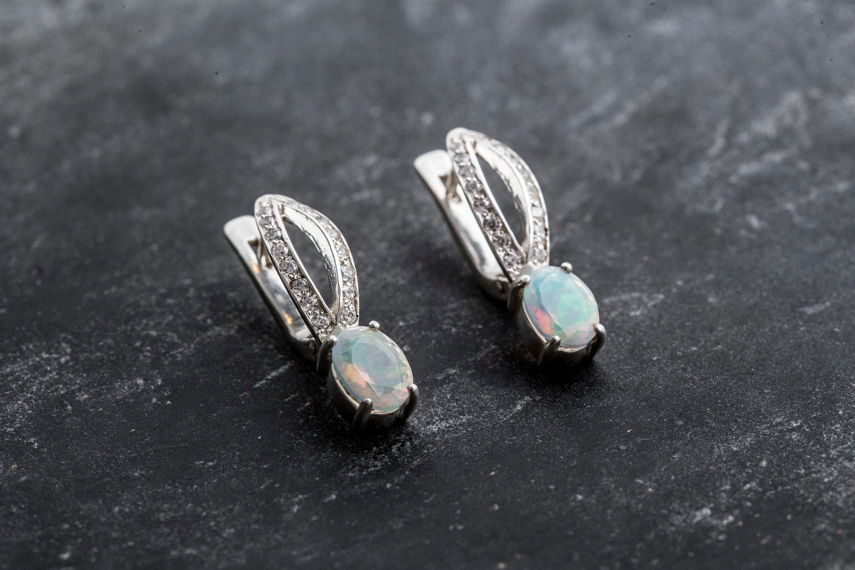 Fire Opal Earrings - Vintage Opal Earrings - Long Oval Earrings