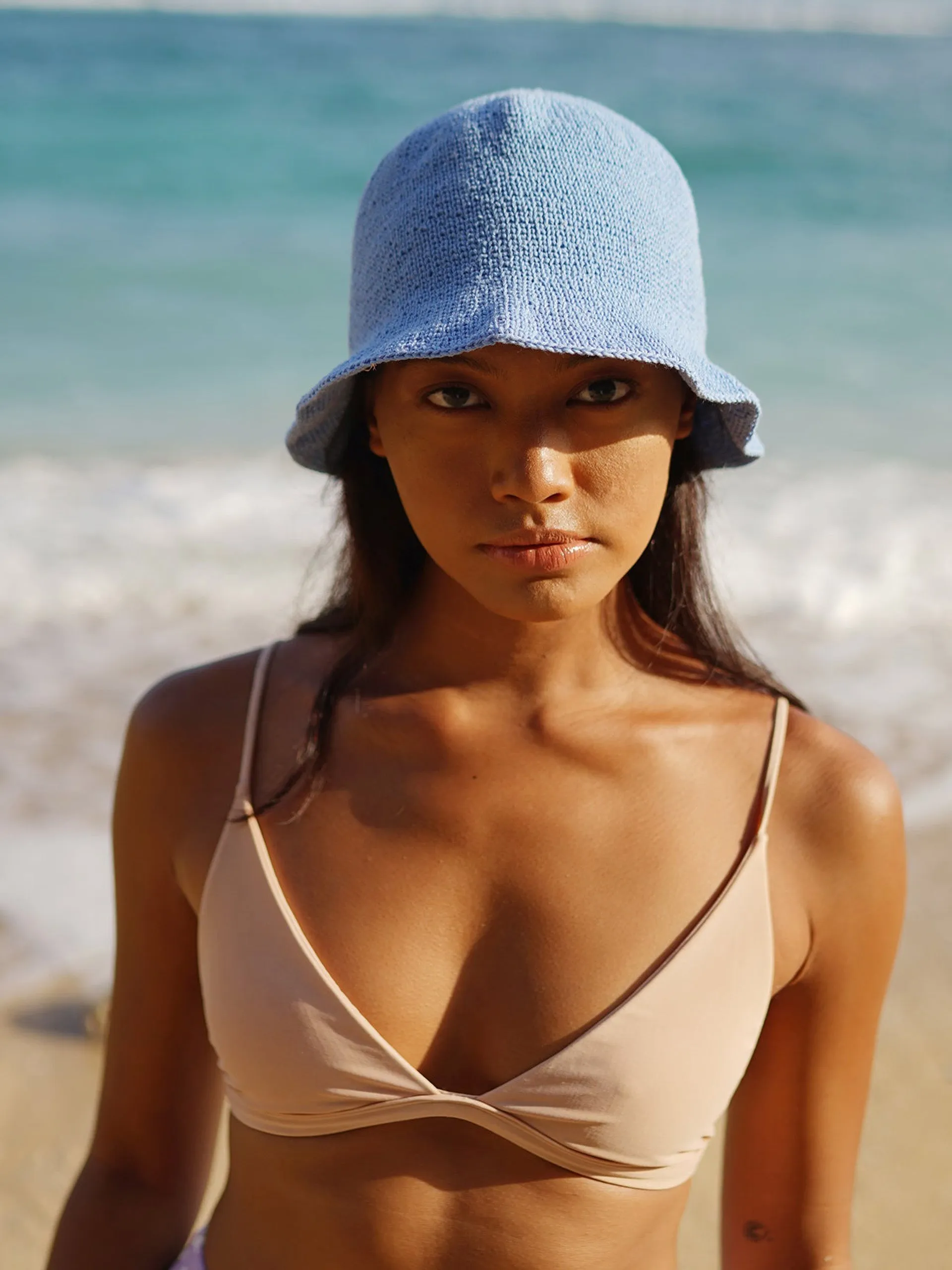 Florette crochet bucket hat in periwinkle blue