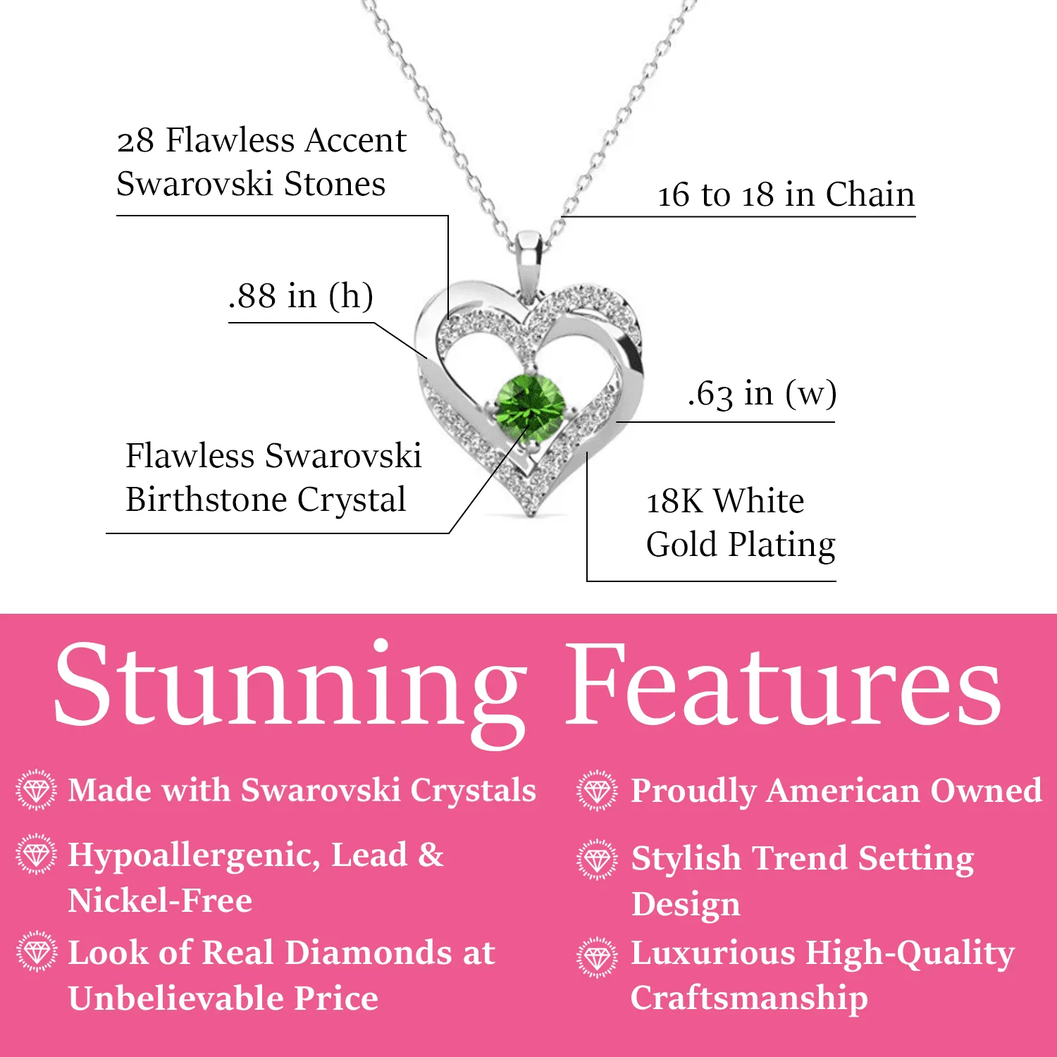 Forever August Birthstone 18k White Gold Plated Silver Double Heart Peridot Necklace with Swarovski Crystals