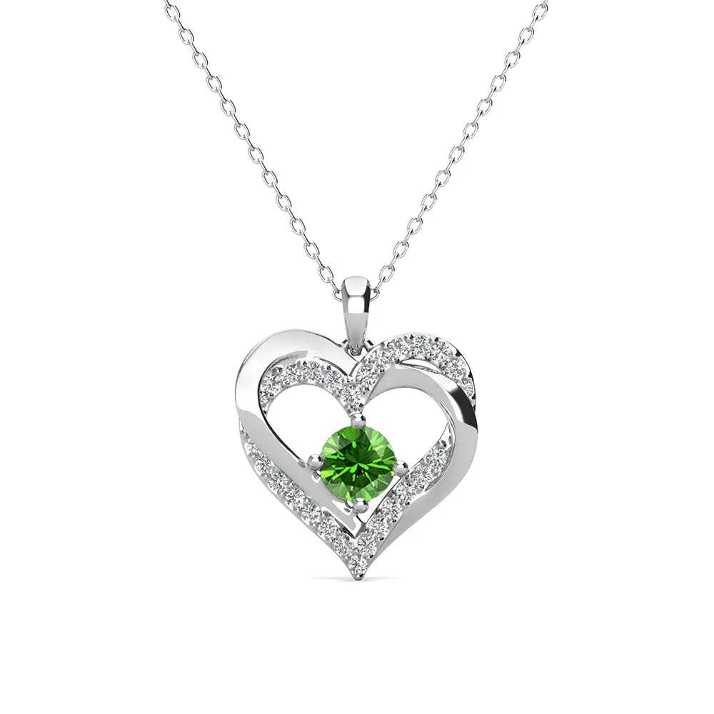 Forever August Birthstone 18k White Gold Plated Silver Double Heart Peridot Necklace with Swarovski Crystals