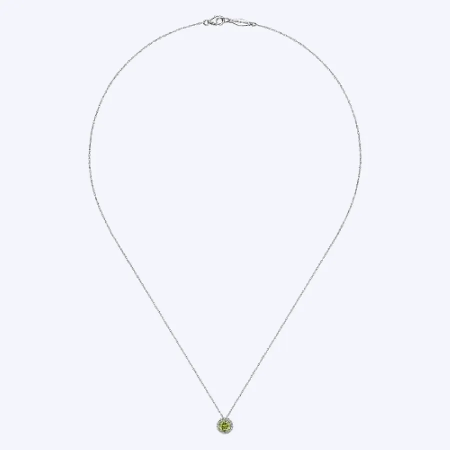 Gaby White Gold Peridot and Diamond Halo Pendant Necklace