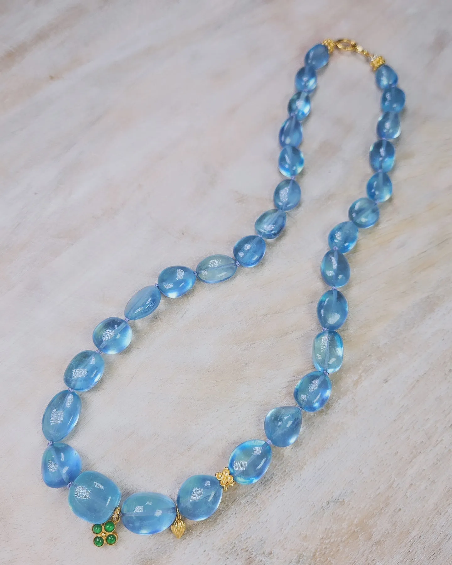 Genuine Blue Topaz Large Gemstone Nugget 18K Yellow Gold Natural Top Quality Jade Clover Charm Necklace 18"