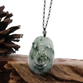 Genuine Ice Blue-Green Jadeite Jade "Good Luck Oval with Dragon Accent" Pendant Necklace With Real Jadeite Bead Necklace