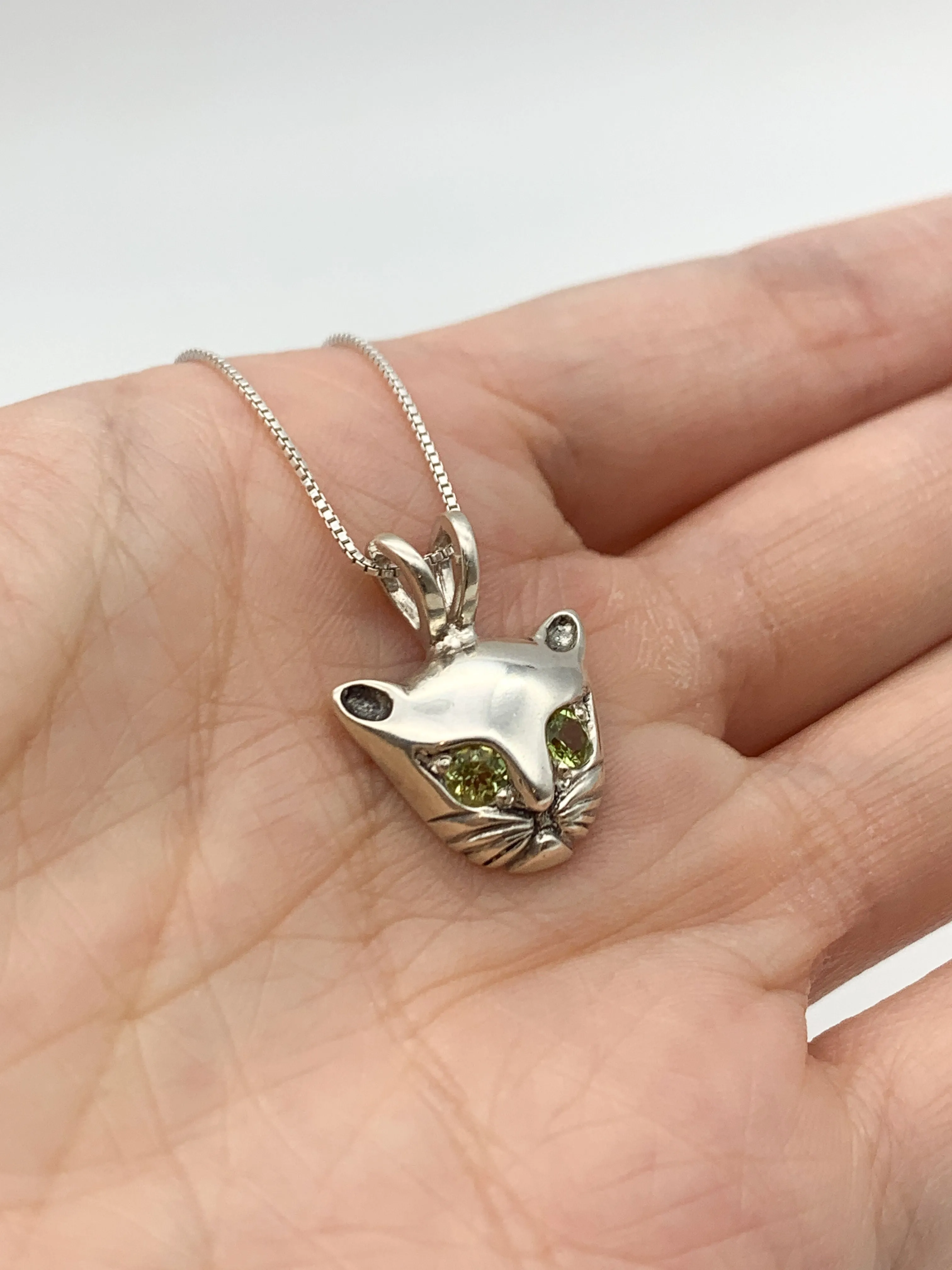 Genuine Peridot Cat Pendant - Cat Lover Necklace - Green Eye Cat Pendant