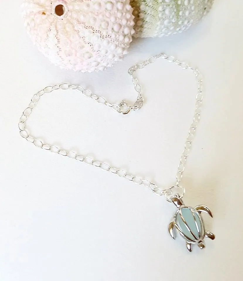 Genuine Sea Glass And Turtle Bracelet In Sterling Silver Choice Of Colors