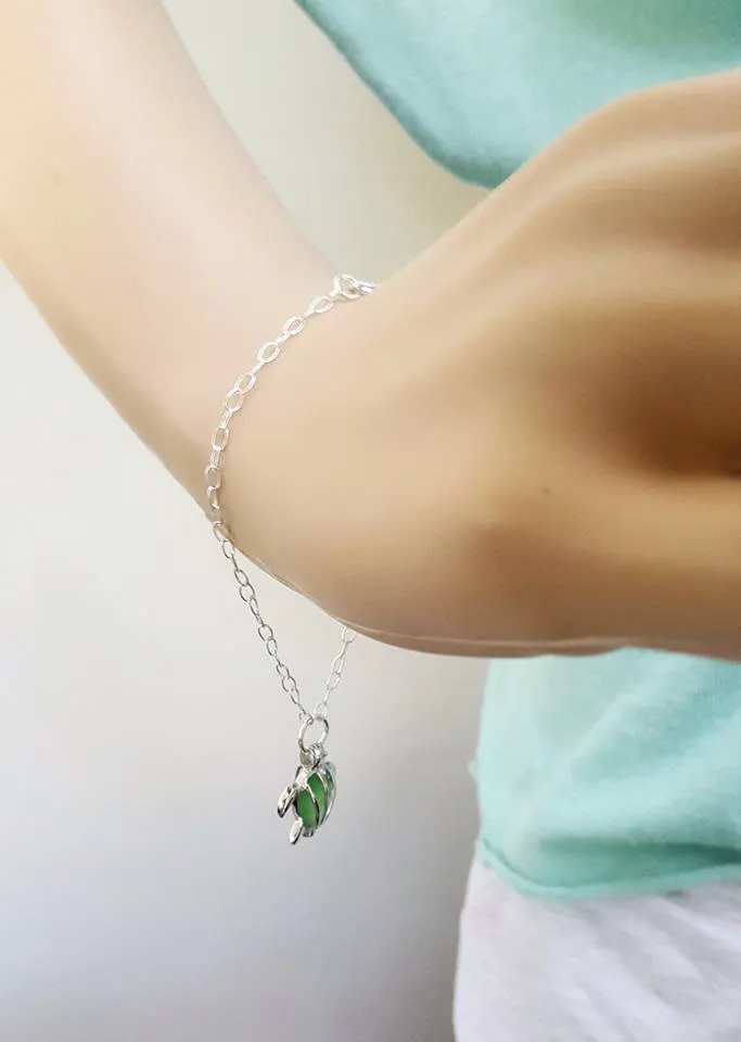 Genuine Sea Glass And Turtle Bracelet In Sterling Silver Choice Of Colors