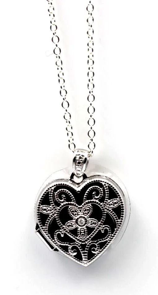 Genuine Sterling Silver Diamond Set Filigree Heart Locket   Necklace