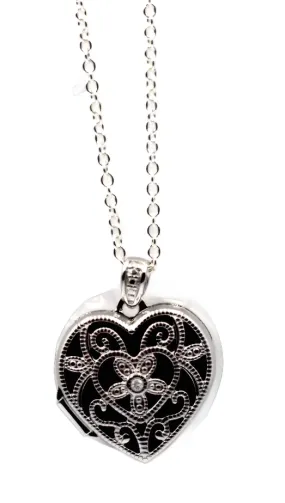 Genuine Sterling Silver Diamond Set Filigree Heart Locket   Necklace