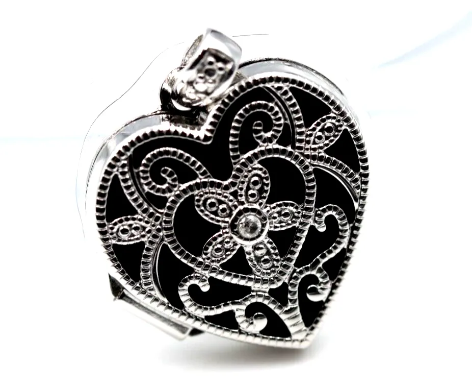 Genuine Sterling Silver Diamond Set Filigree Heart Locket   Necklace