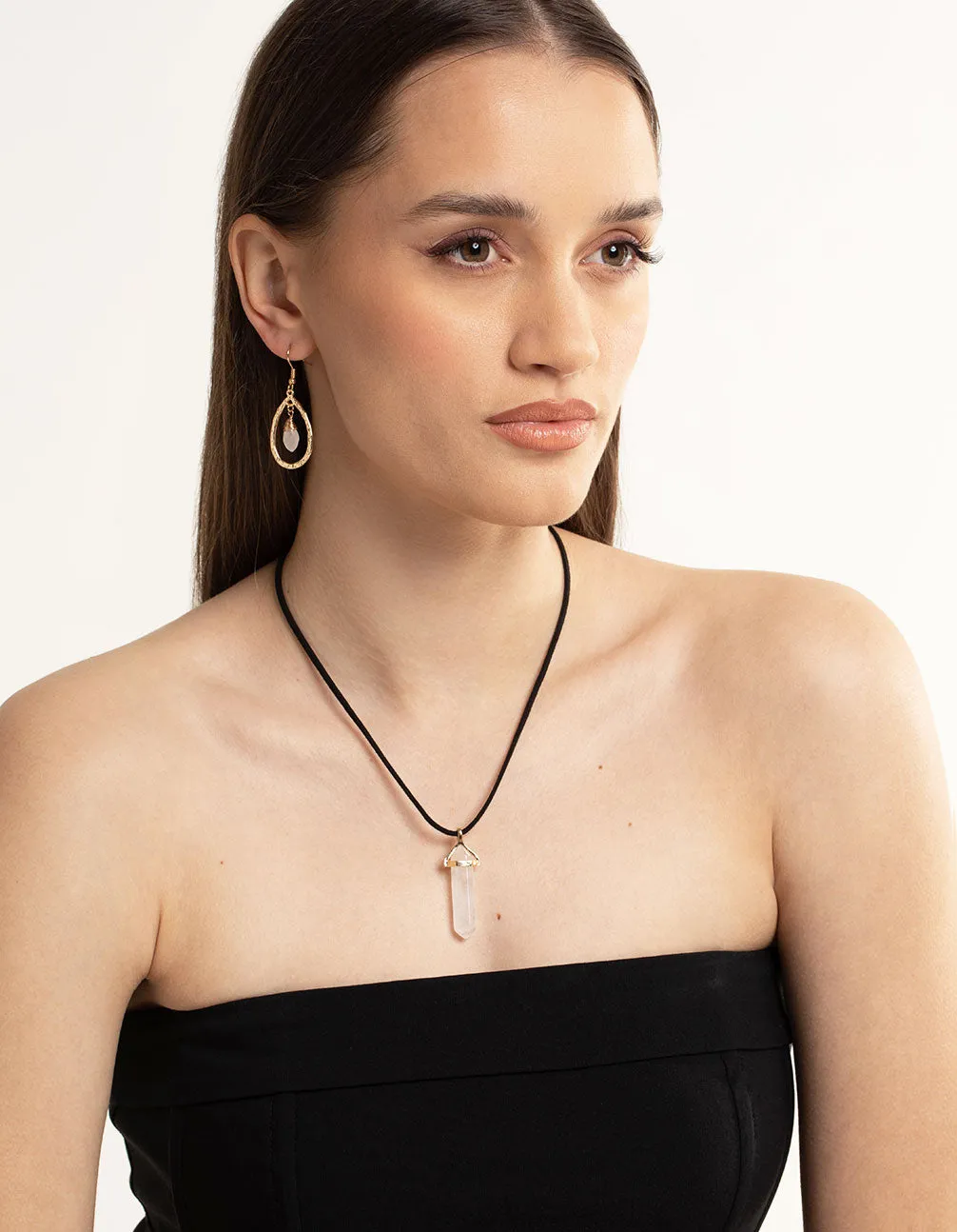 Gold Clear Quartz Shard Cord Necklace