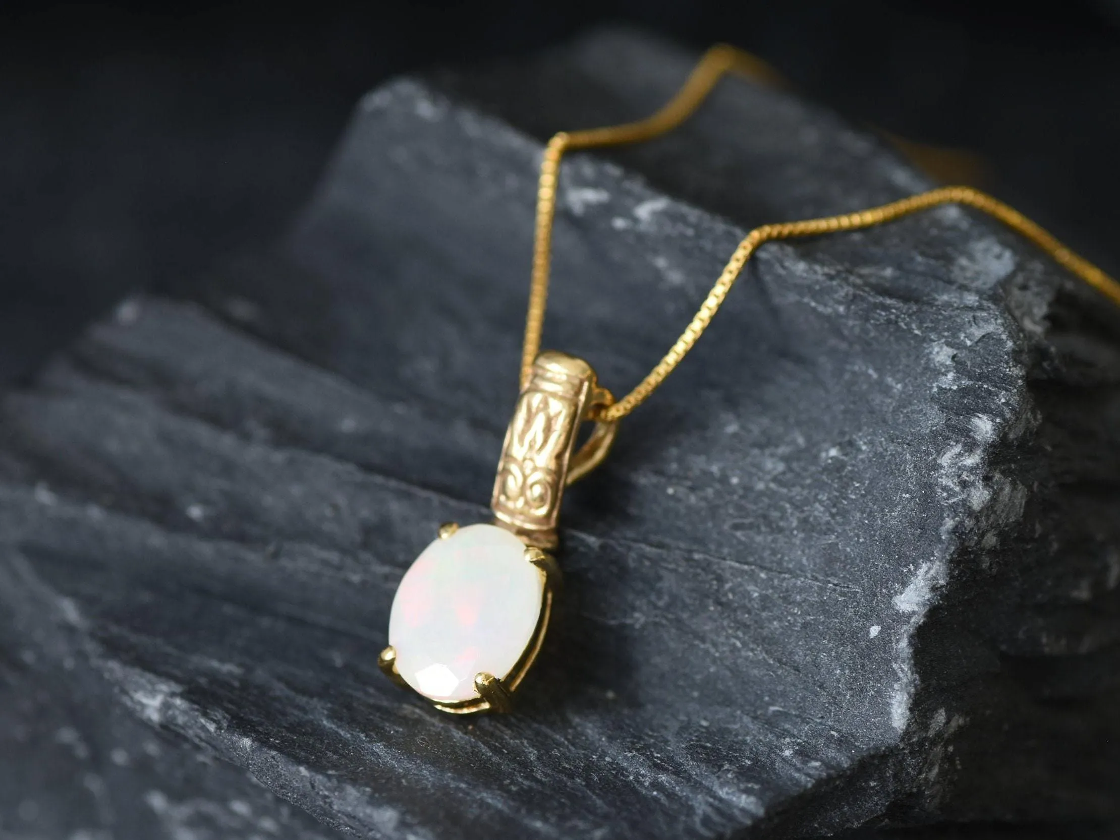 Gold Fire Opal Pendant - Natural Ethiopian Opal Necklace, Oval Opal Necklace