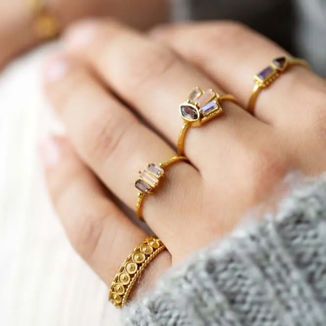 Gold Plated Ring Semi-Precious Stones Pink/Grey