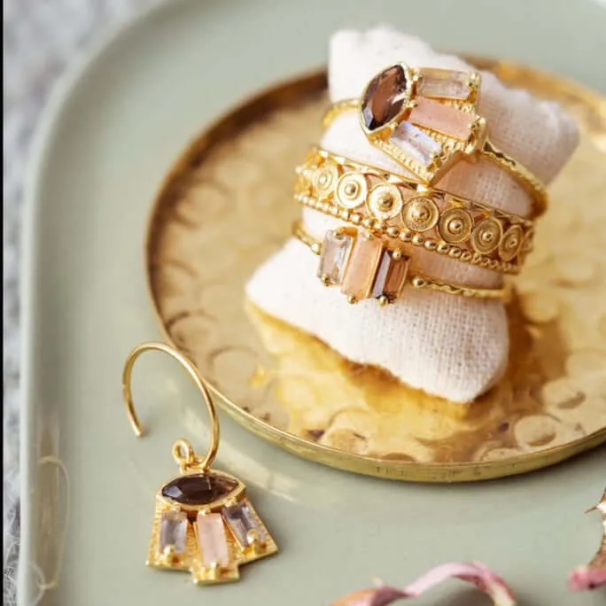 Gold Plated Ring Semi-Precious Stones Pink/Grey