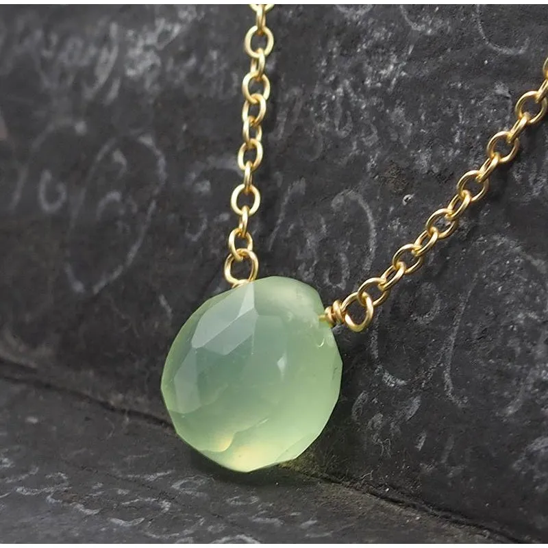 Green Apple Chalcedony Necklace On Gold Filled Chain With Gold Filled Lobster Claw Clasp