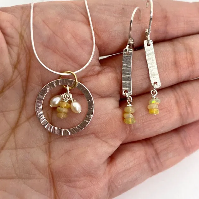 Hammered Ring with mini Opal and pearl Necklace
