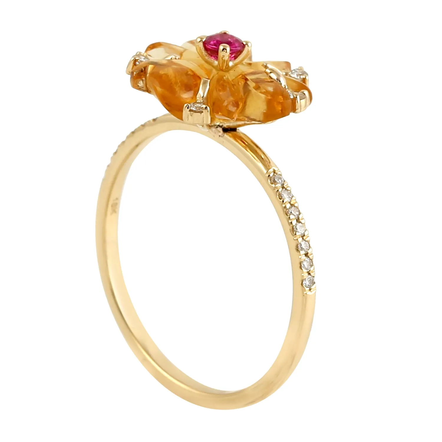 Handcarved Mixstone Diamond 18k Yellow Gold Ruby Daisy Ring