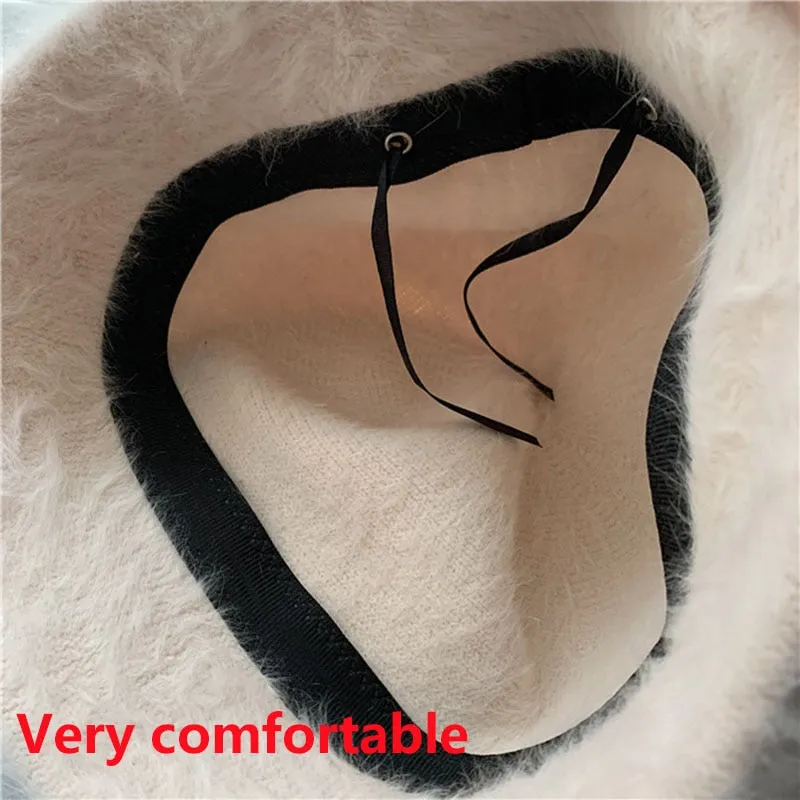 Hat winter women's fashion Solid color rabbit fur hat bucket cap  fisherman's hat retro knitted wool basin Bucket Hat