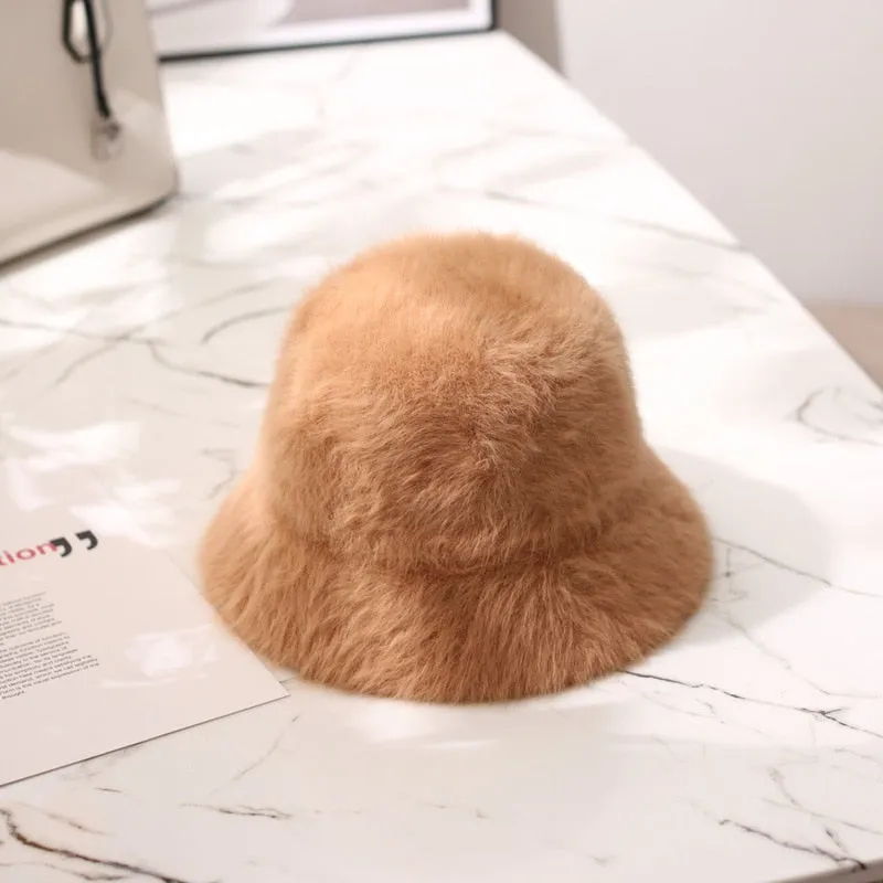 Hat winter women's fashion Solid color rabbit fur hat bucket cap  fisherman's hat retro knitted wool basin Bucket Hat
