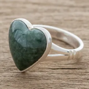 Heart-Shaped Dark Green Jade Cocktail Ring from Guatemala - Love Dream | NOVICA
