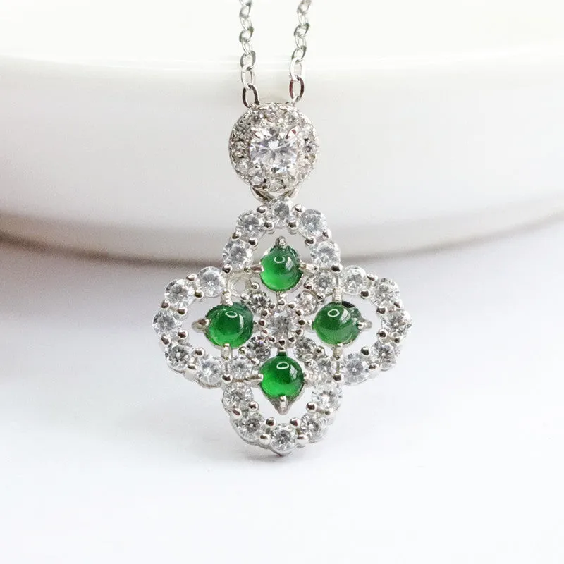 Imperial Green Jade Four-Leaf Clover Necklace with Zircon Accents in Sterling Silver