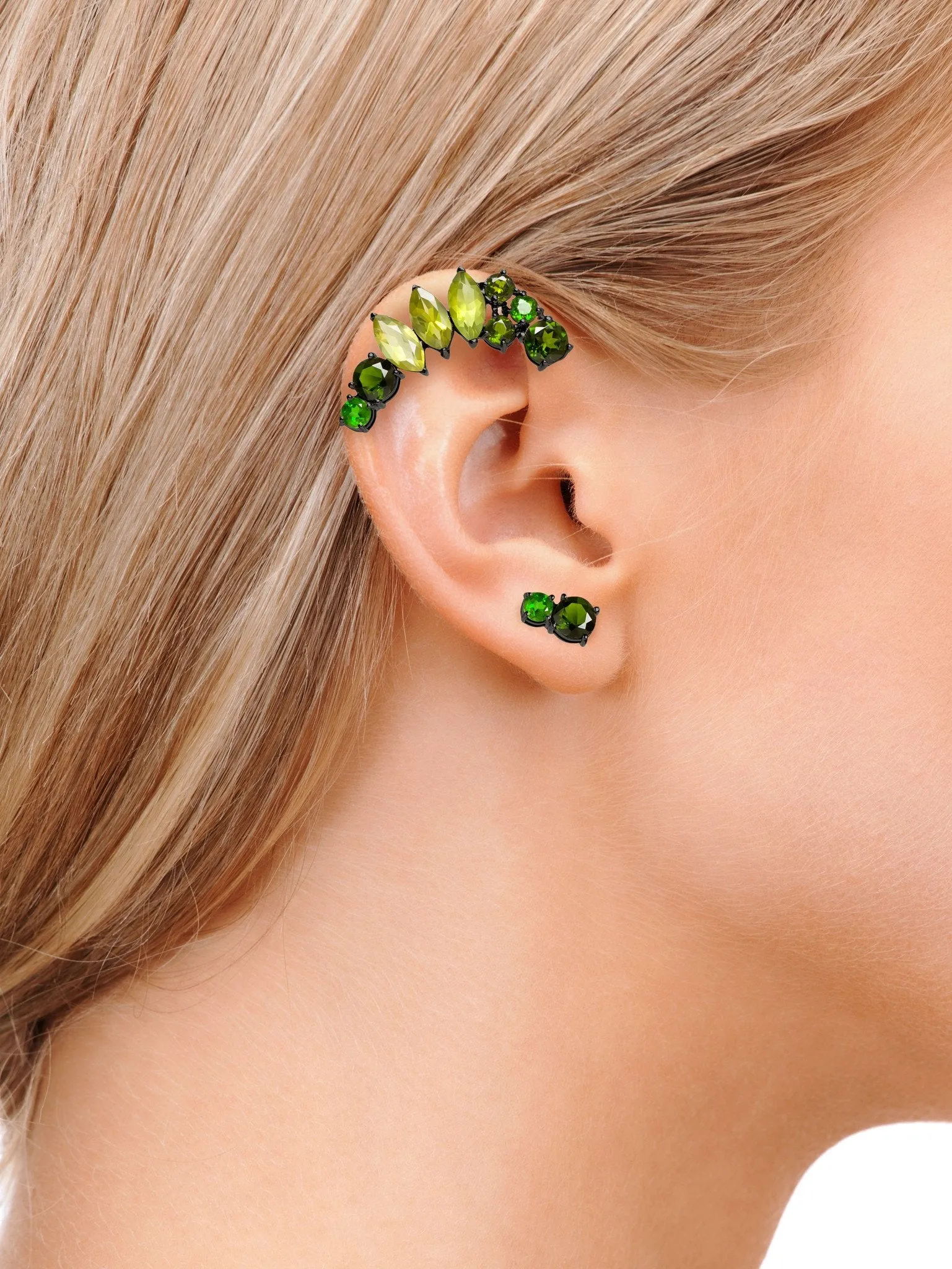 Isadora Ear Cuff with Vibrant Green Precious Gemstones In Blackened Silver