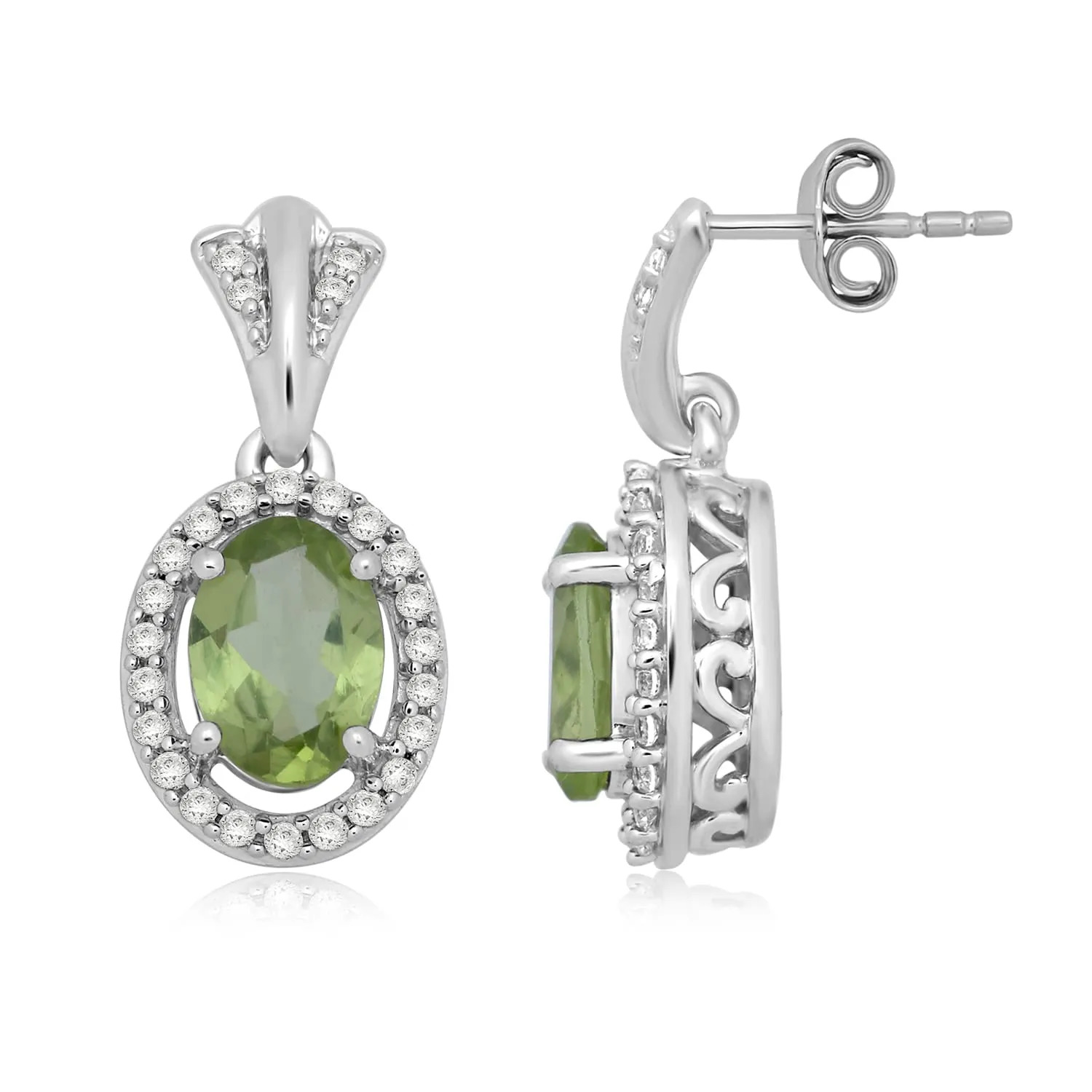 Jewelili Sterling Silver With Peridot and Created White Sapphire Dangle Earrings