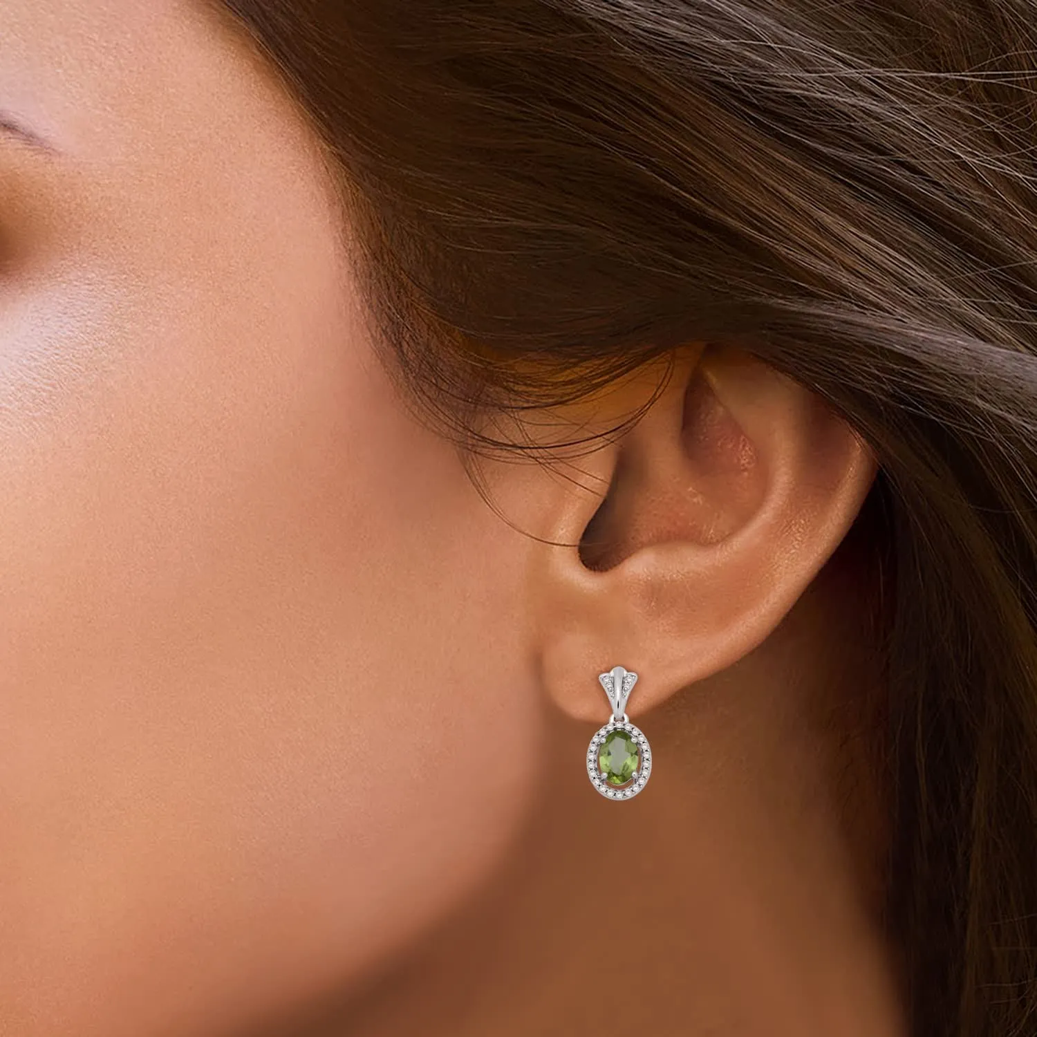 Jewelili Sterling Silver With Peridot and Created White Sapphire Dangle Earrings