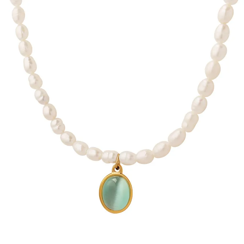 Lake Green Opal Pendant Pearl Necklace