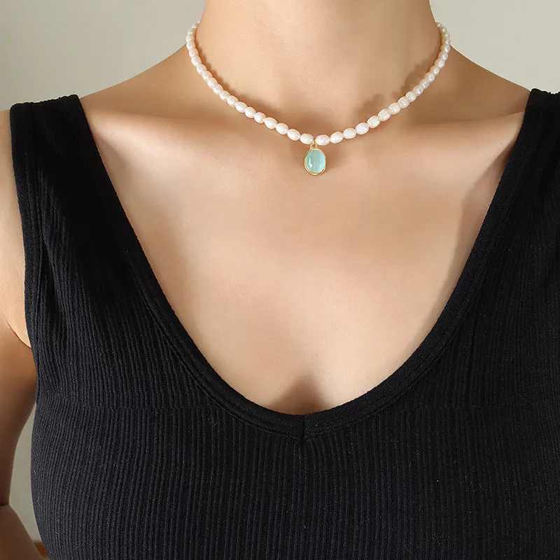 Lake Green Opal Pendant Pearl Necklace