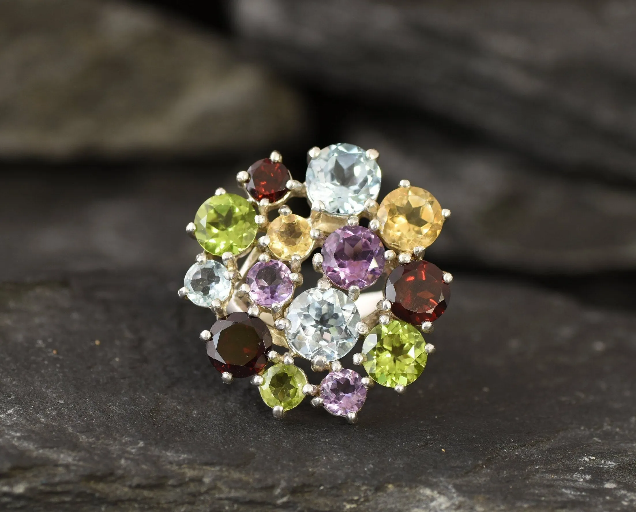 Large Multistone Ring - Colorful Cocktail Ring - Statement Cluster Ring