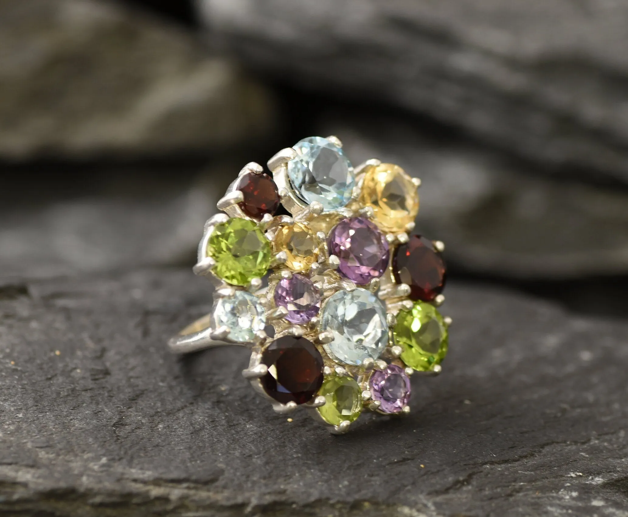 Large Multistone Ring - Colorful Cocktail Ring - Statement Cluster Ring