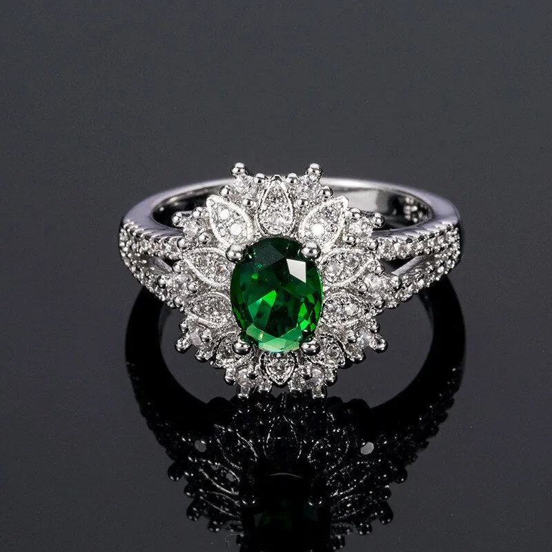 Luxury jewelry Romantic Green Oval Cut Cubic Zircon Halo Rings for Women