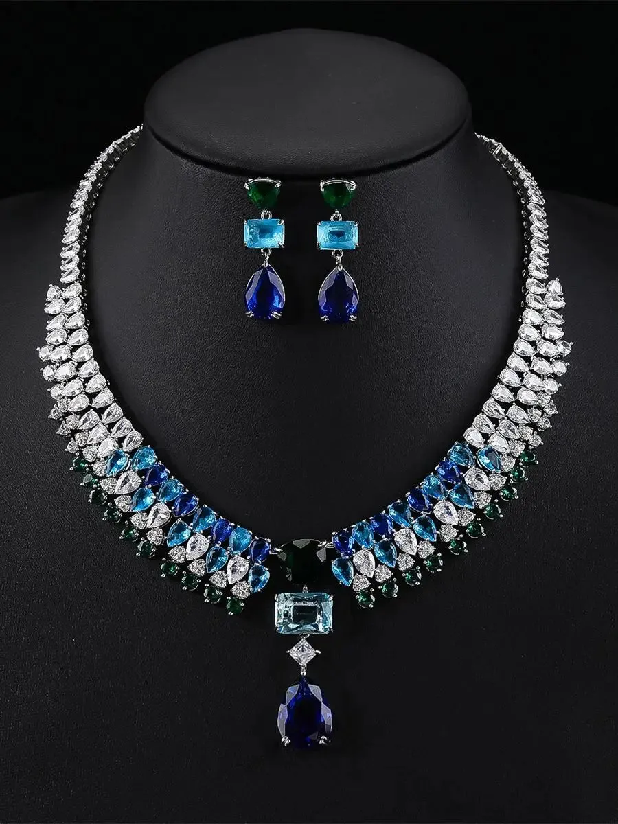 Luxury Wedding Jewelry Sets for Brides Women Jewelry Accessory Waterdrop Cubic Zirconia Necklace Earrings Sets CN11094