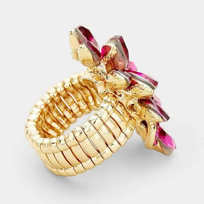 Marquise Fuchsia Crystal Cluster Gold Stretch Ring
