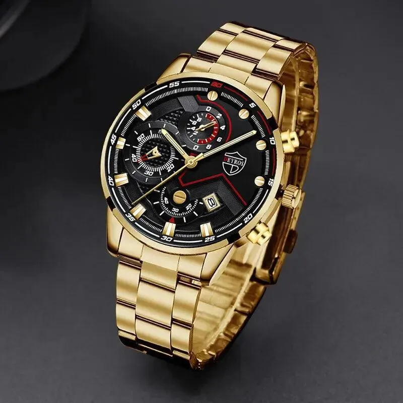 Men's Stainless Steel Quartz Watch with Calendar & Necklace: Elevate Your Style