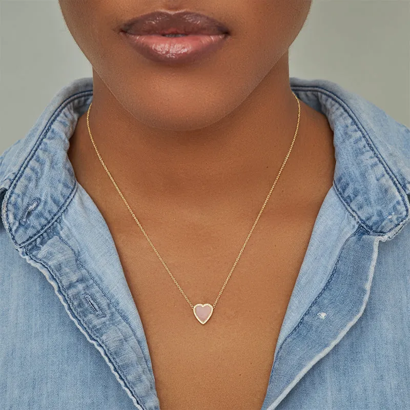 Mini Pink Opal Inlay Heart Necklace with Diamonds