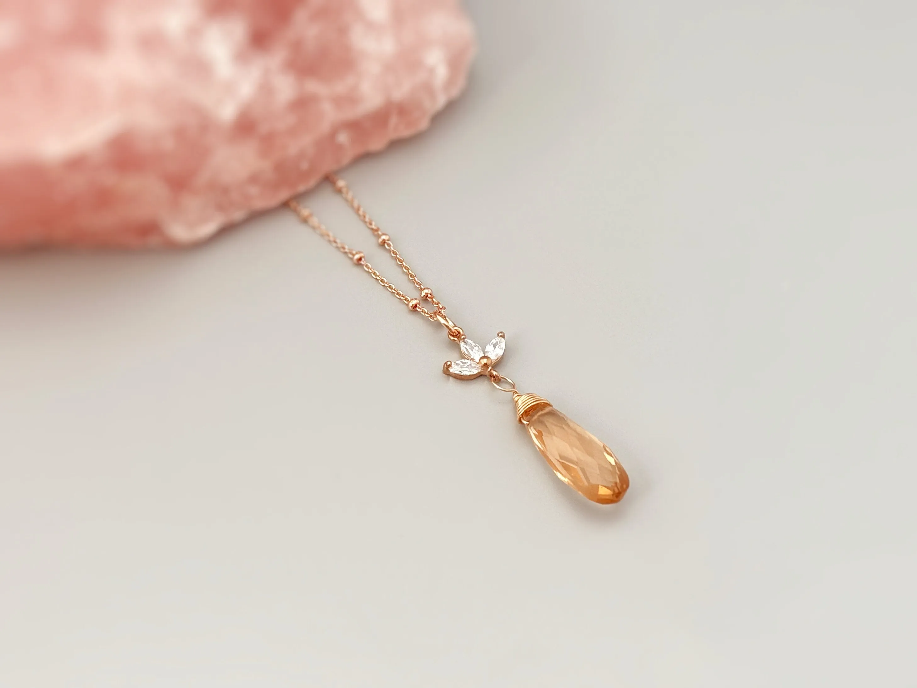 Morganite and Crystal Necklace Rose Gold, Gold, Sterling Silver