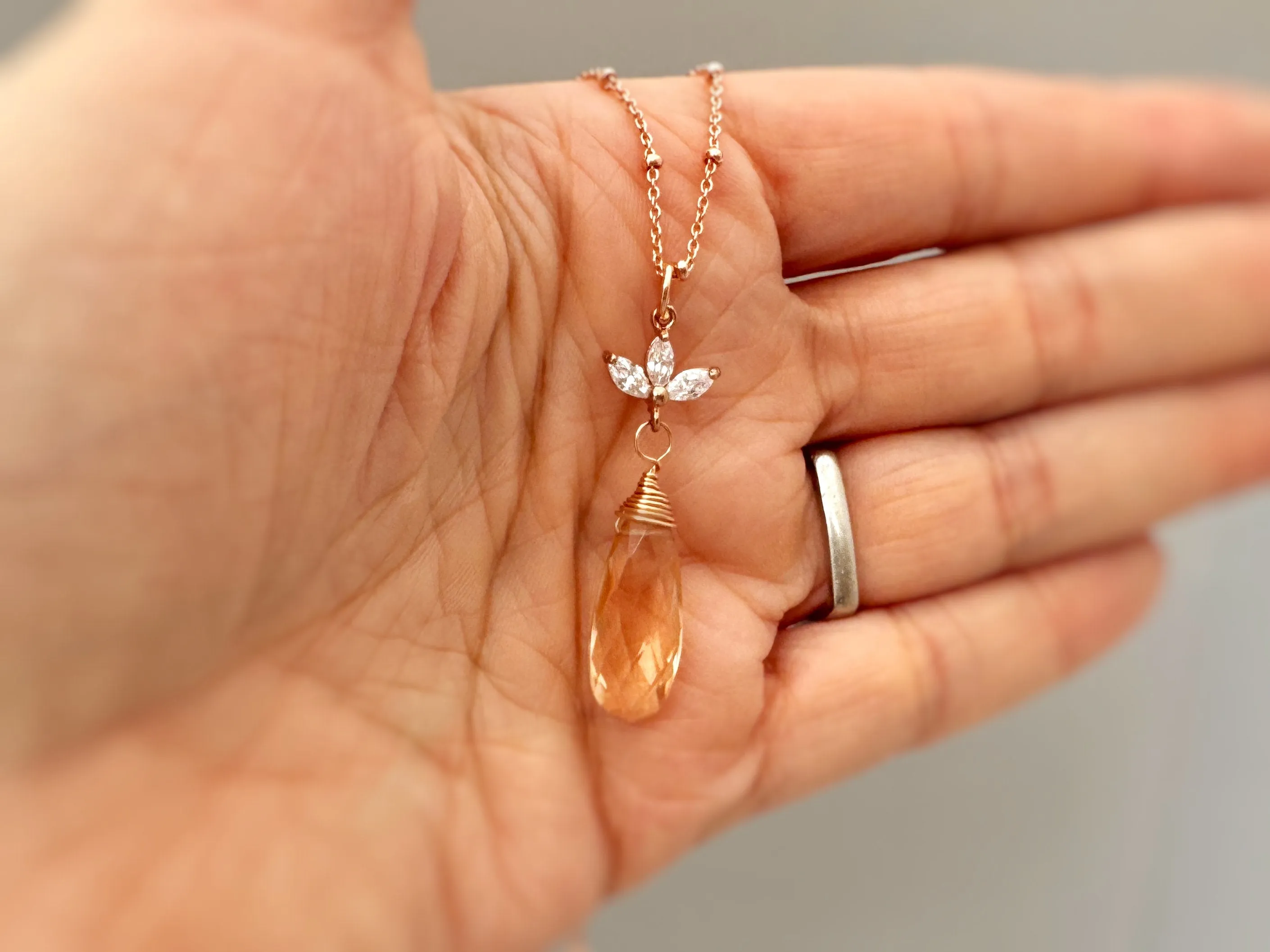 Morganite and Crystal Necklace Rose Gold, Gold, Sterling Silver