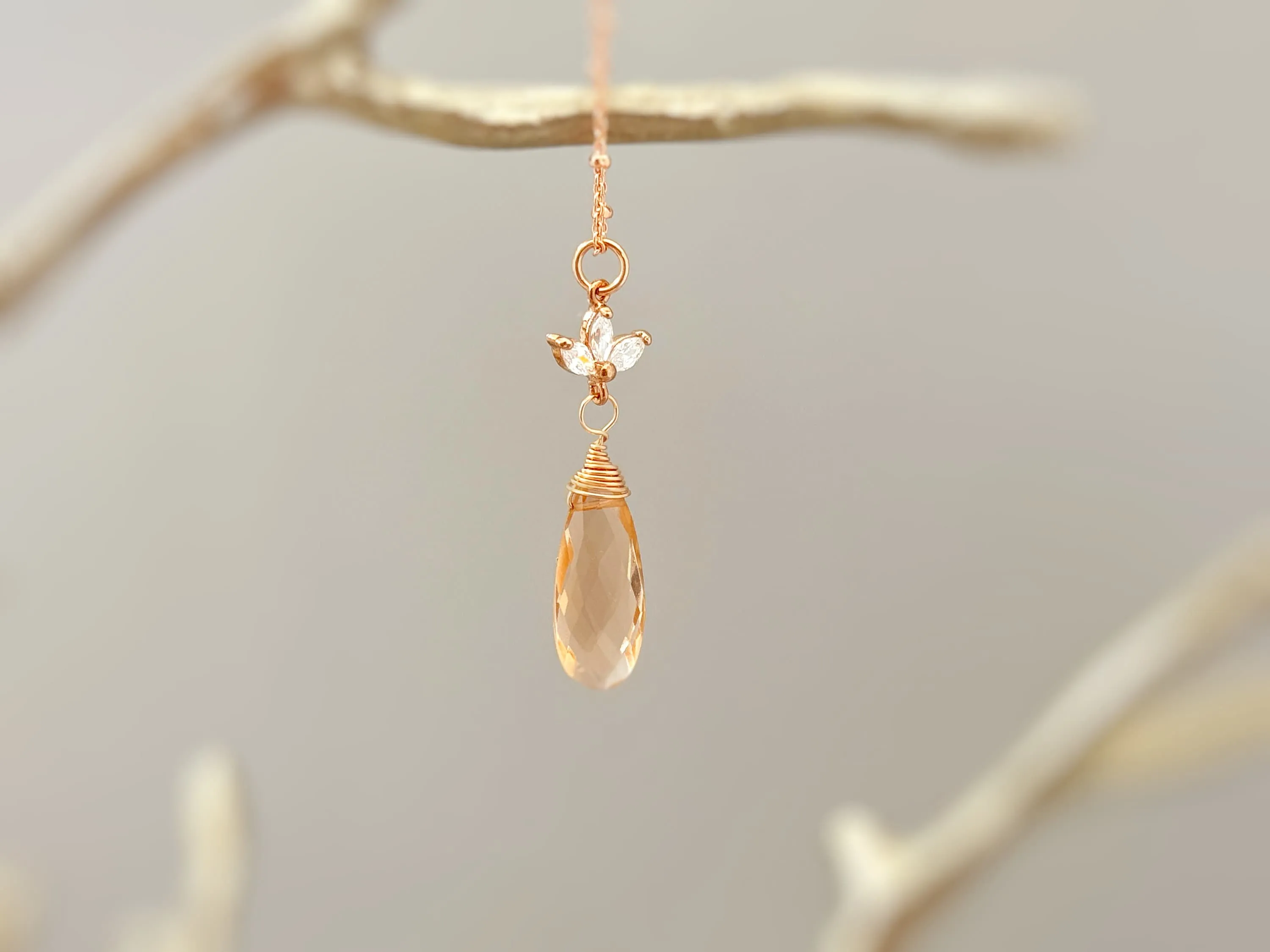 Morganite and Crystal Necklace Rose Gold, Gold, Sterling Silver