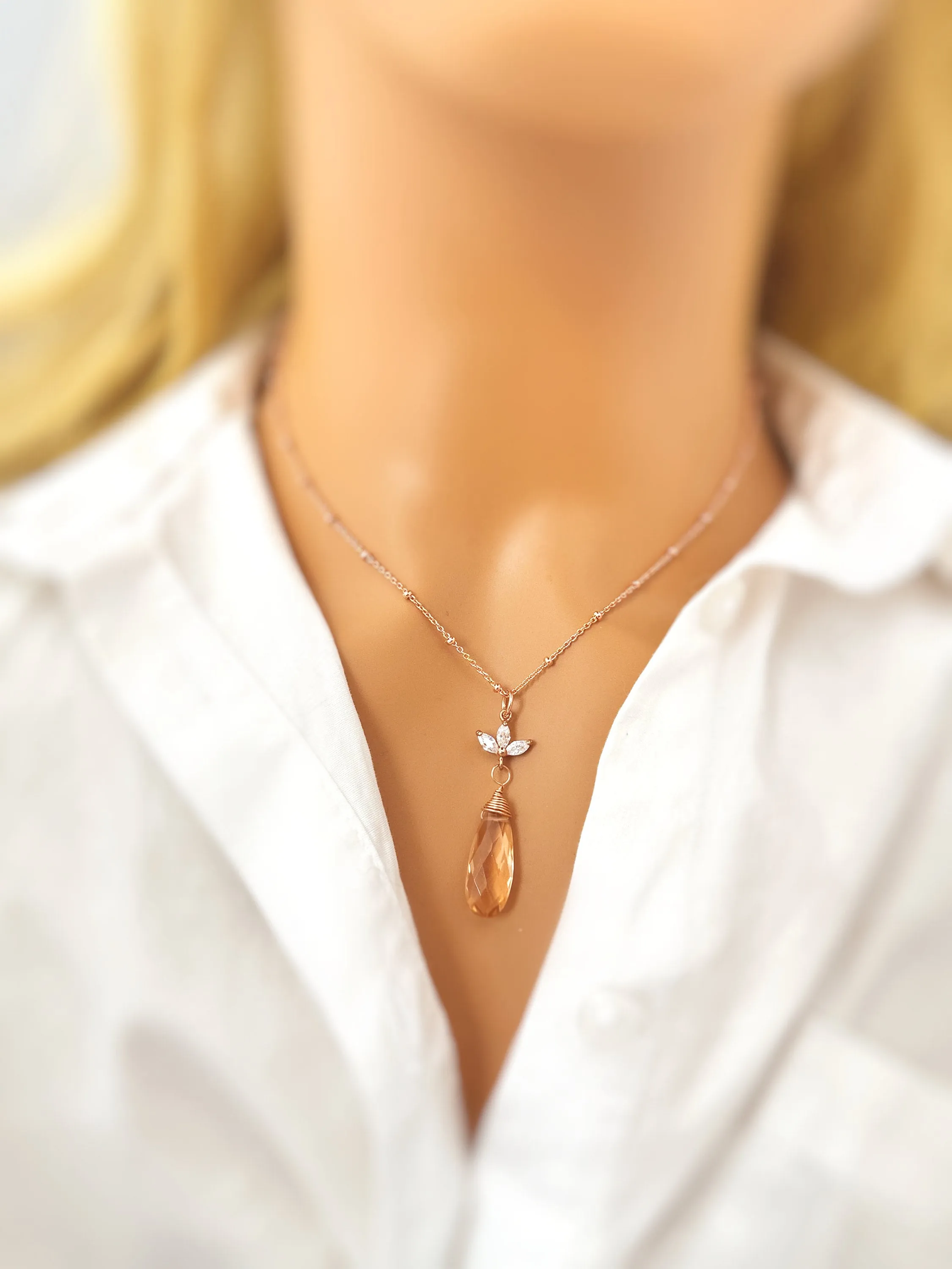 Morganite and Crystal Necklace Rose Gold, Gold, Sterling Silver