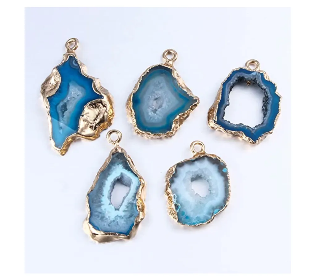 Natural Geode Irregular Slice Blue Agate Stone Druzy Quartz Necklace Gold Stainless Steel 20in.
