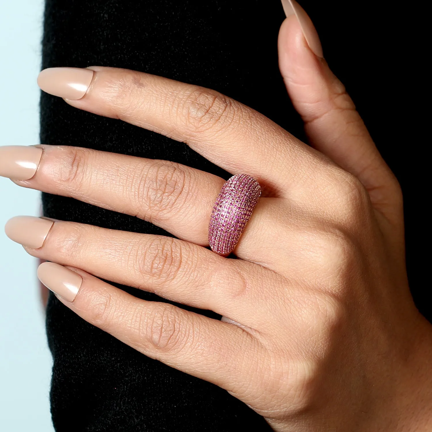 Natural Micro Pave Pink Sapphire Dome Ring In 18k Rose Gold For Her