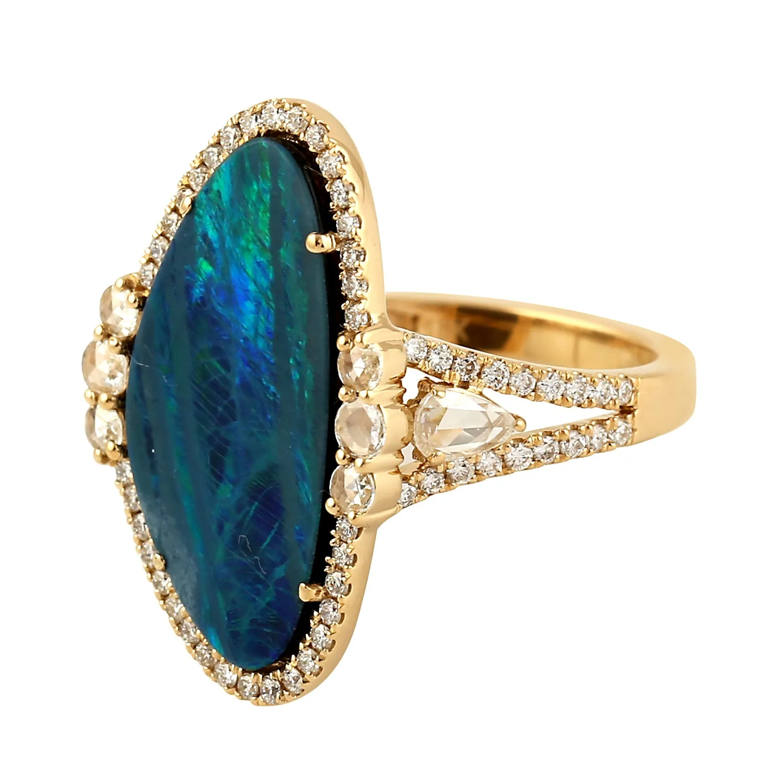 Natural Opal Doublet & Pave Diamond Designer Cocktail Ring In 18k Yellow Gold Gift