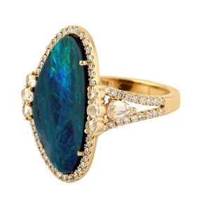 Natural Opal Doublet & Pave Diamond Designer Cocktail Ring In 18k Yellow Gold Gift