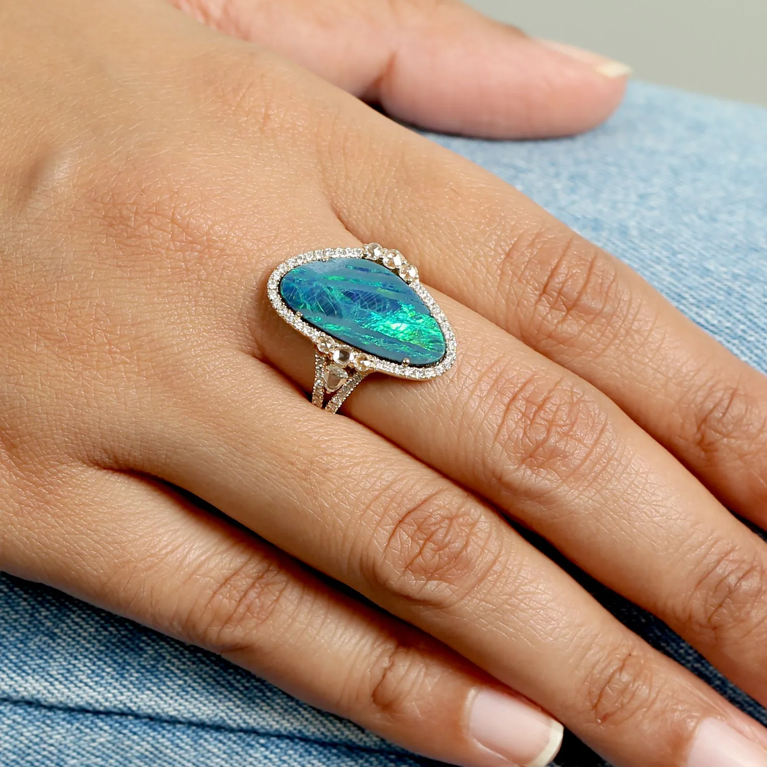 Natural Opal Doublet & Pave Diamond Designer Cocktail Ring In 18k Yellow Gold Gift