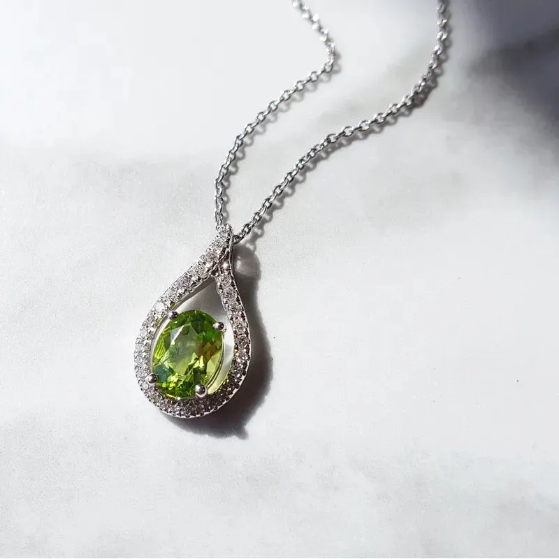 Natural Oval Cut Peridot Halo Vintage Pendant For Women - 925 Sterling Silver Necklace