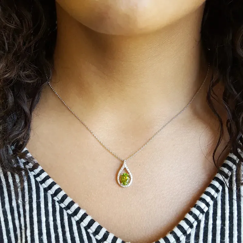 Natural Oval Cut Peridot Halo Vintage Pendant For Women - 925 Sterling Silver Necklace