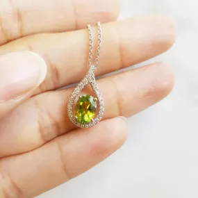 Natural Oval Cut Peridot Halo Vintage Pendant For Women - 925 Sterling Silver Necklace