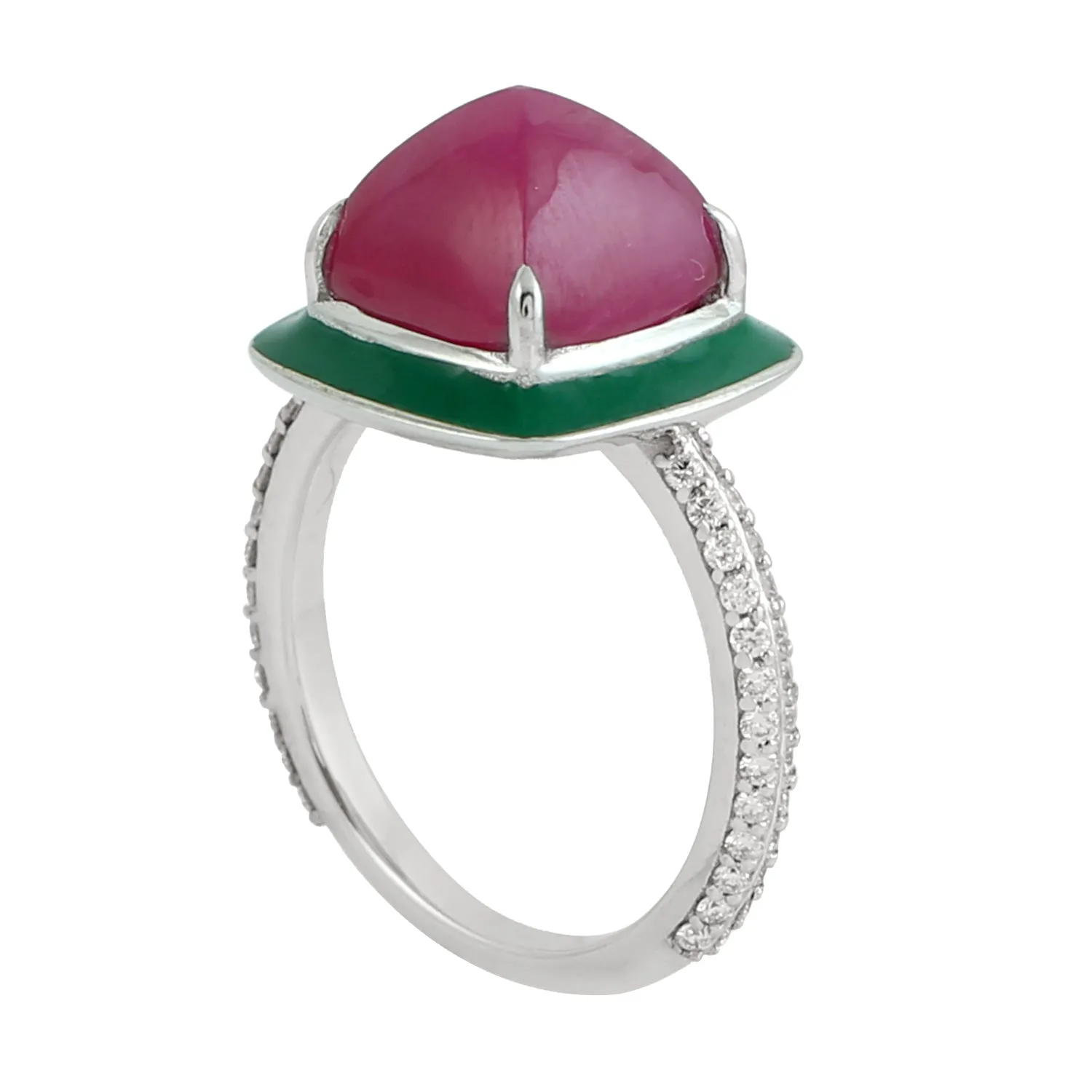 Natural Pyramid Cut Ruby & Diamond Enamel Cocktail Ring In 18K White Gold Jewelry