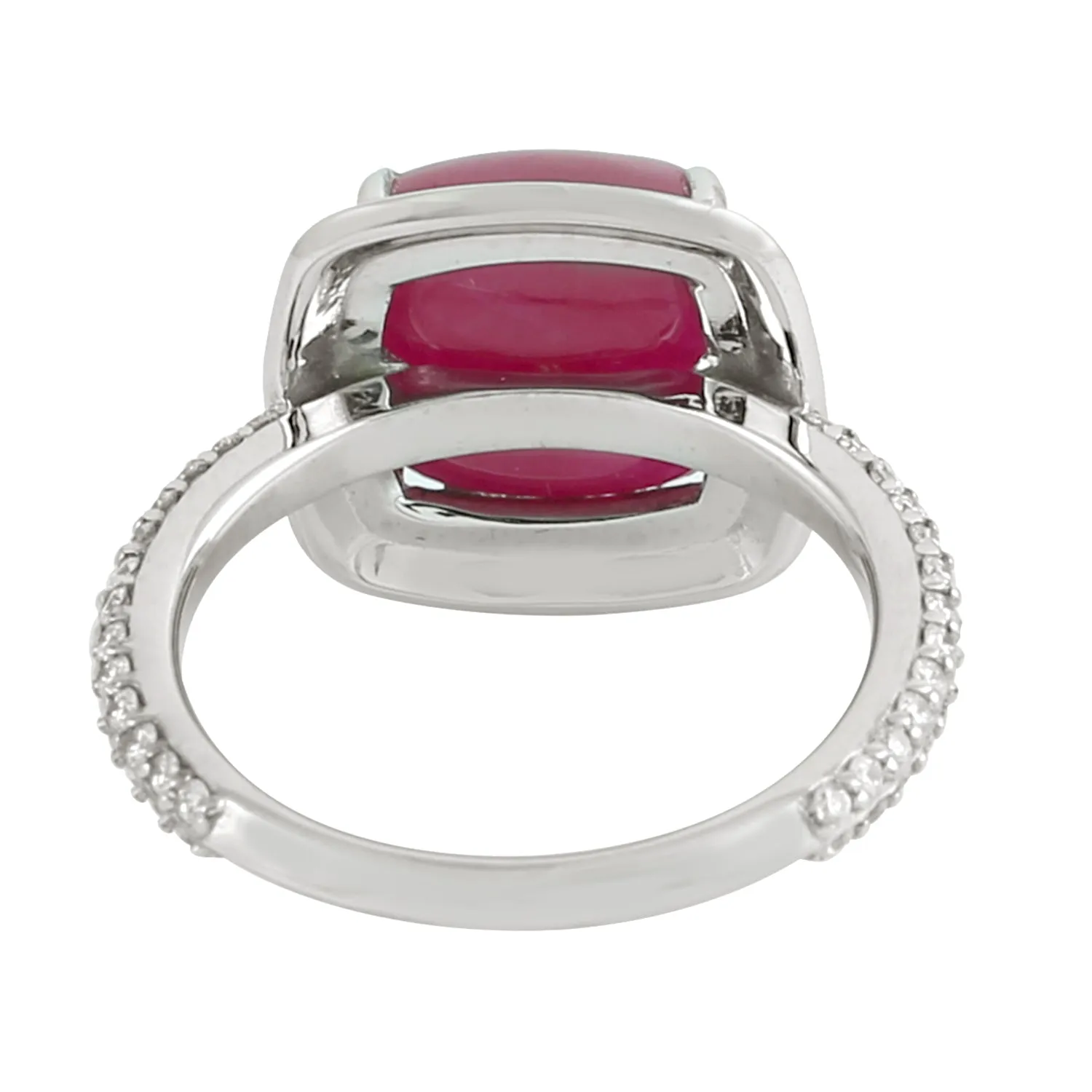 Natural Pyramid Cut Ruby & Diamond Enamel Cocktail Ring In 18K White Gold Jewelry